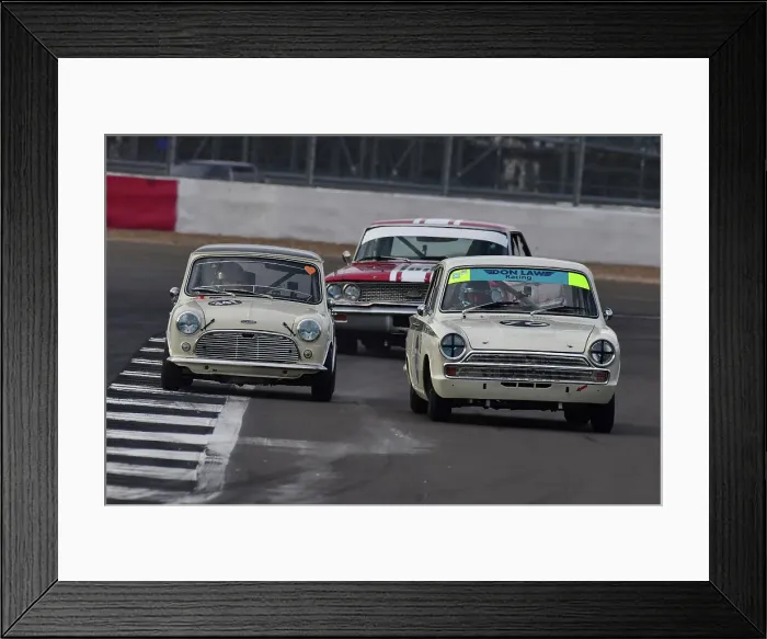 Framed Print : CJ12 0641 Justin Law, Ford Lotus Cortina, Tom Bell, Joe Ferguson, Austin Mini Cooper S