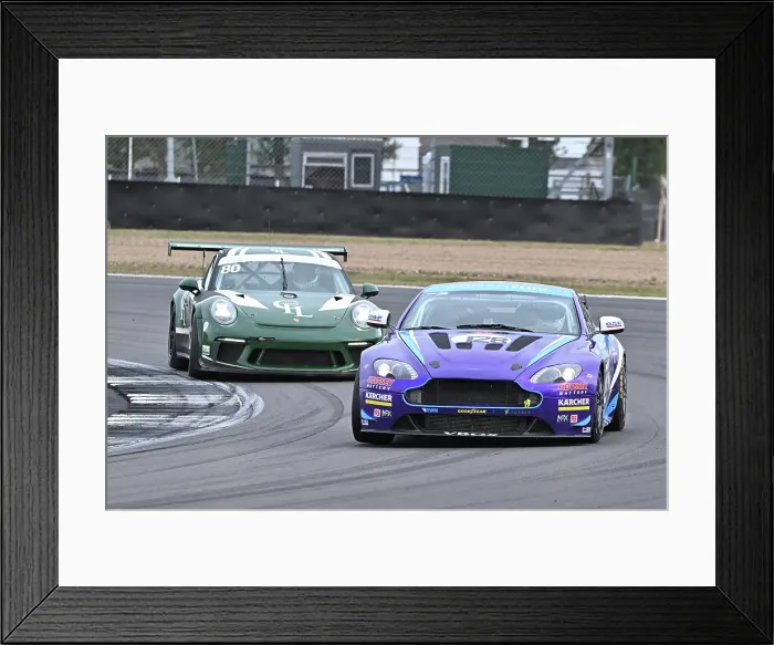 Framed Print : CZ4_0177 Dominic Spicer, Paul Fisher, Aston Martin Vantage GT4, James Caley, Bill Caley, Porsche 991-2 Cup.jpg