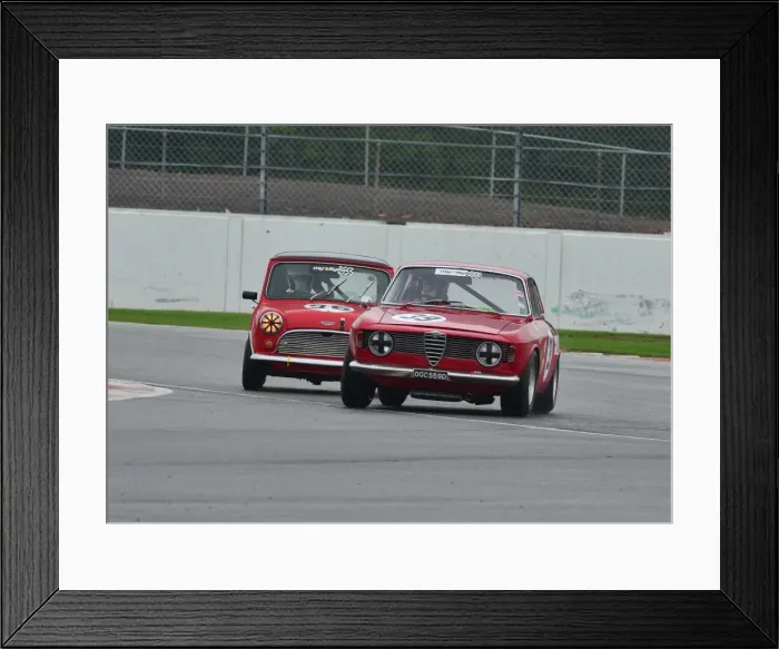 Framed Print : Paul Hopkinson, Alfa Romeo Giulia Sprint, vs Timothy Brook, Austin Mini Cooper Framed Print : Paul Hopkinson, Alfa Romeo Giulia Sprint, vs Timothy Brook, Austin Mini Cooper