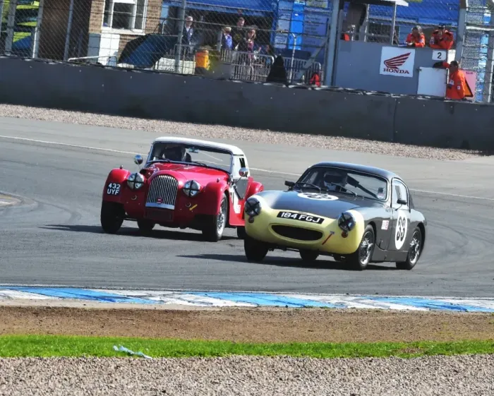 Framed Print : Charles Clegg, India Clegg, Austin Healey Sebring Sprite, 184 FGJ, Simon Orebi-Gann, Paul Burry, Morgan +4 Supersports, 432 UYF, Pre-63 GT Cars, Donington Historic Festival 2014