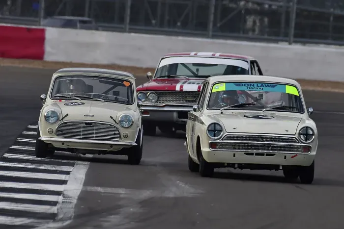 Framed Print : CJ12 0641 Justin Law, Ford Lotus Cortina, Tom Bell, Joe Ferguson, Austin Mini Cooper S