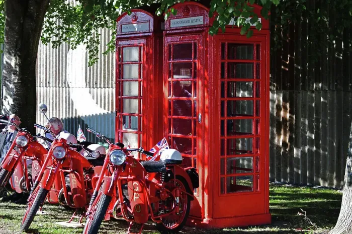Rights Managed : CJ12 1837 GPO Bantam motorcycles, red telephone boxes Rights Managed : CJ12 1837 GPO Bantam motorcycles, red telephone boxes