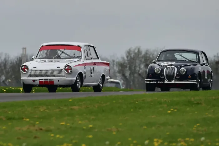 Framed Print : CM34 6367 Neil Brown, Richard Dutton, Lotus Ford Cortina Mk1, Grant Williams, Jaguar Mk2