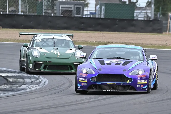 Framed Print : CZ4_0177 Dominic Spicer, Paul Fisher, Aston Martin Vantage GT4, James Caley, Bill Caley, Porsche 991-2 Cup.jpg