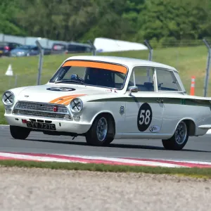 Print of a Ford Lotus Cortina racing at Donington Park Print of a Ford Lotus Cortina racing at Donington Park