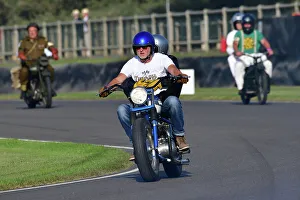 Track Parade - Motorcycle Celebration Prints: CJ13 2113 Triumph motorcycle, rider and pillion passenger