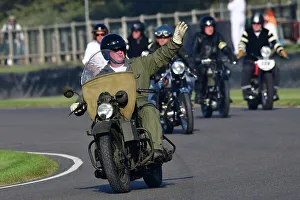 Prints of Military motorcycle, Track Parade - Motorcycle Celebration, circa 200 bikes featured in the morning parade laps, including sidecar outfits and motor trikes, BMW Motorrad completing a centenary Goodwood Revival 2023 Prints: CJ13 2129 Military motorcycle