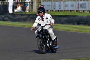 Prints of 1950 BSA Motorcycle, Track Parade - Motorcycle Celebration, circa 200 bikes featured in the morning parade laps, including sidecar outfits and motor trikes, BMW Motorrad completing a centenary Goodwood Revival 2023 Prints: CJ13 2145 1950 BSA Motorcycle