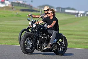 Prints of Shades of Easy Rider, Track Parade - Motorcycle Celebration, circa 200 bikes featured in the morning parade laps, including sidecar outfits and motor trikes, BMW Motorrad completing a centenary Goodwood Revival 2023 Prints: CJ13 2150 Shades of Easy Rider