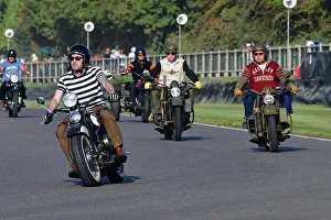 Prints of Harley Davidsons, Track Parade - Motorcycle Celebration, circa 200 bikes featured in the morning parade laps, including sidecar outfits and motor trikes, BMW Motorrad completing a centenary Goodwood Revival 2023 Prints: CJ13 2171 Harley Davidsons
