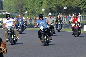 Prints of Triumph Motorcycles, Track Parade - Motorcycle Celebration, circa 200 bikes featured in the morning parade laps, including sidecar outfits and motor trikes, BMW Motorrad completing a centenary Goodwood Revival 2023 Prints: CJ13 2175 Triumph Motorcycles