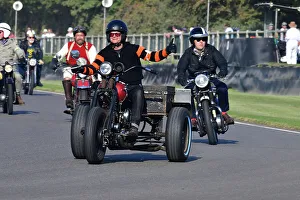Prints of Motor tricycle, Track Parade - Motorcycle Celebration, circa 200 bikes featured in the morning parade laps, including sidecar outfits and motor trikes, BMW Motorrad completing a centenary Goodwood Revival 2023 Prints: CJ13 2176 Motor tricycle