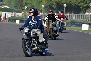 Prints of 1957 Triumph 500cc, Track Parade - Motorcycle Celebration, circa 200 bikes featured in the morning parade laps, including sidecar outfits and motor trikes, BMW Motorrad completing a centenary Goodwood Revival 2023 Prints: CJ13 2188 1957 Triumph 500cc
