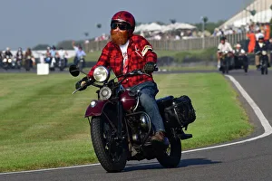 Prints of Harley Davidson, Track Parade - Motorcycle Celebration, circa 200 bikes featured in the morning parade laps, including sidecar outfits and motor trikes, BMW Motorrad completing a centenary Goodwood Revival 2023 Prints: CJ13 2190 Harley Davidson