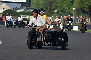Prints of 1926 Sunbeam with sidecar, Track Parade - Motorcycle Celebration, circa 200 bikes featured in the morning parade laps, including sidecar outfits and motor trikes, BMW Motorrad completing a centenary Goodwood Revival 2023 Prints: CJ13 2199 1926 Sunbeam with sidecar
