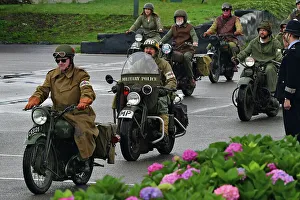 Military Vehicles Prints: CJ14 9766 A Matchless ex-Military motorcycle leads a convoy of other bikes