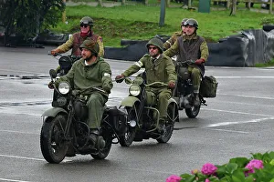 Harley Davidson Prints: CJ14 9767 Some Harley Davidsons and an Ariel ex-Military motorcycles