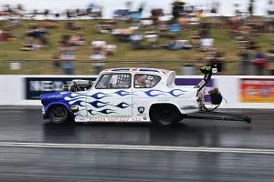 Prints of Paul Dale, Ford Anglia, Supercharged Outlaws, With a style of racers more commonly seen in the US of A, this is a group of widely differing styles Dragstalgia Santa Pod June 2025 Prints: CZ2_9374 Paul Dale, Ford Anglia.jpg