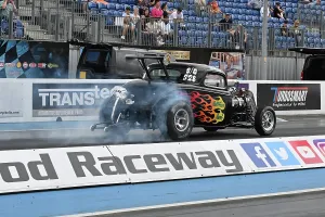 Prints of Jim Tucker, Ford 33 Coupe, Hellfire Hemi, Supercharged Outlaws, With a style of racers more commonly seen in the US of A, this is a group of widely differing styles Dragstalgia Santa Pod June 2025 Prints: CZ3_0071 Jim Tucker, Ford 33 Coupe, Hellfire Hemi.jpg