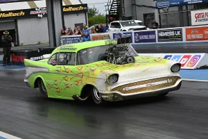 Prints of Luke Watts, 57 Chevy, Supercharged Outlaws, With a style of racers more commonly seen in the US of A, this is a group of widely differing styles Dragstalgia Santa Pod June 2025 Prints: CZ3_0120 Luke Watts, 57 Chevy.jpg